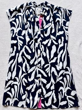 THML Navy and White Abstract Button-Front Dress with Pink Placket NWT